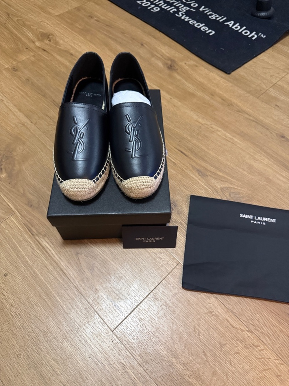 Saint Laurent Black Leather Espadrille Slip-Ons with Natural Raffia Toe